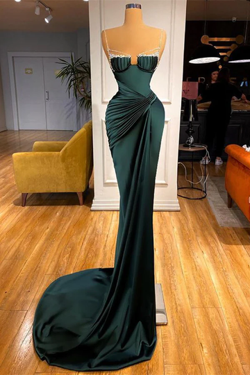 GORGEOUS DARK GREEN SPAGHETTI-STRAPS MERMAID PROM DRESS WITH BEADINGS HZ1023